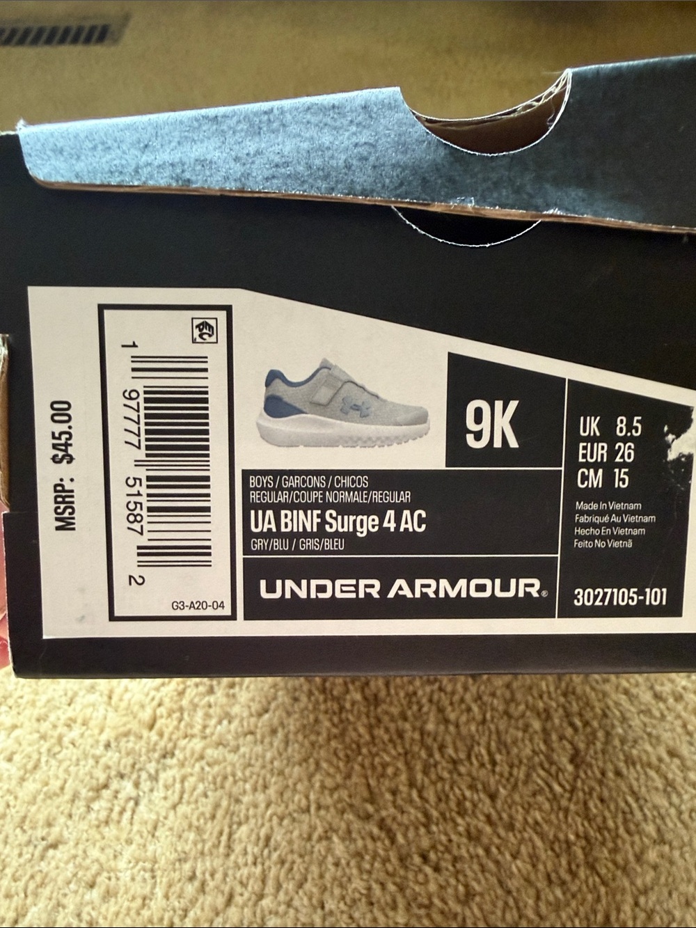 Under Armour Grey and Blue Boys' Athletic Shoes